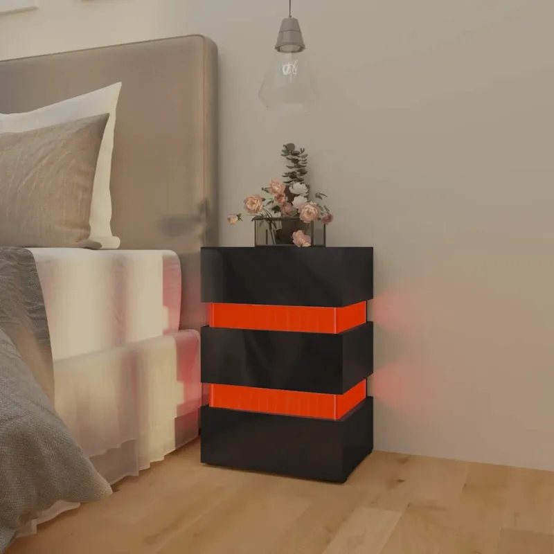 Naktinė spintelė su LED, juoda, 45x35x67cm, mediena, blizgi