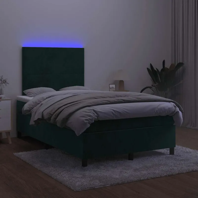 Lova su spyruoklėmis/čiužiniu/LED, žalia, 120x190cm, aksomas