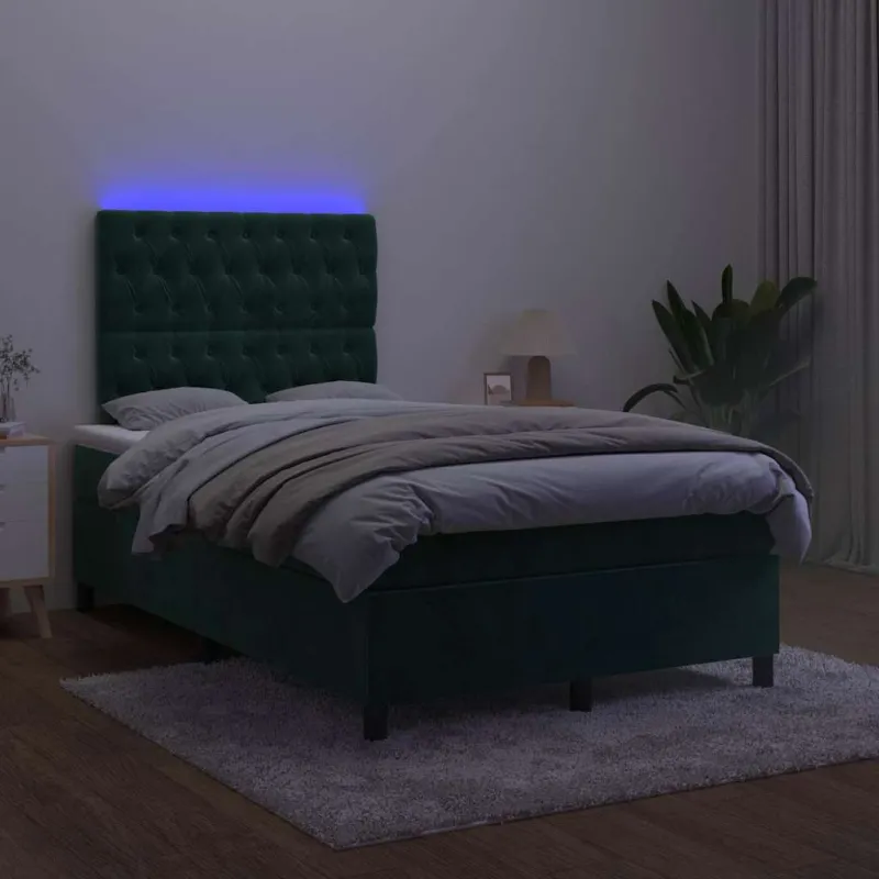 Lova su spyruoklėmis/čiužiniu/LED, žalia, 120x190cm, aksomas