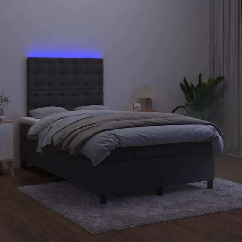 Lova su spyruoklėmis/čiužiniu/LED, juoda, 120x190cm, aksomas
