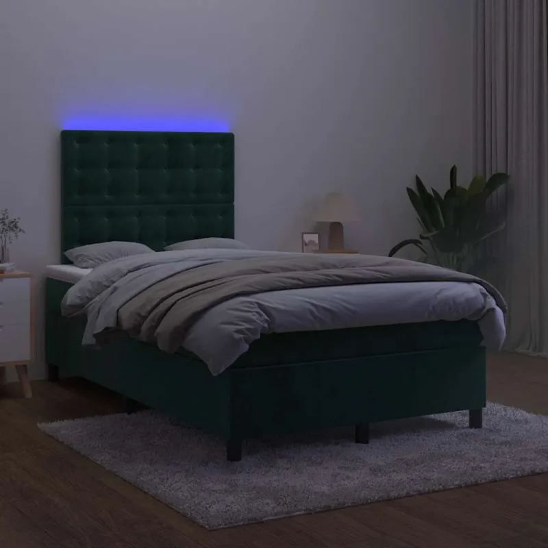 Lova su spyruoklėmis/čiužiniu/LED, žalia, 120x190cm, aksomas