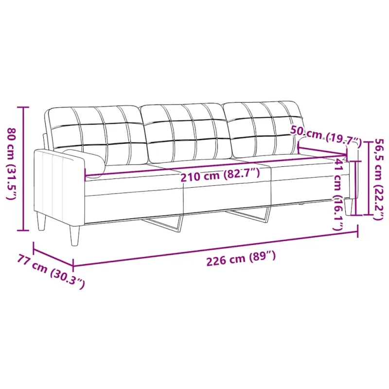 Trivietė sofa su pagalvėlėmis, juodos spalvos, 210cm, audinys