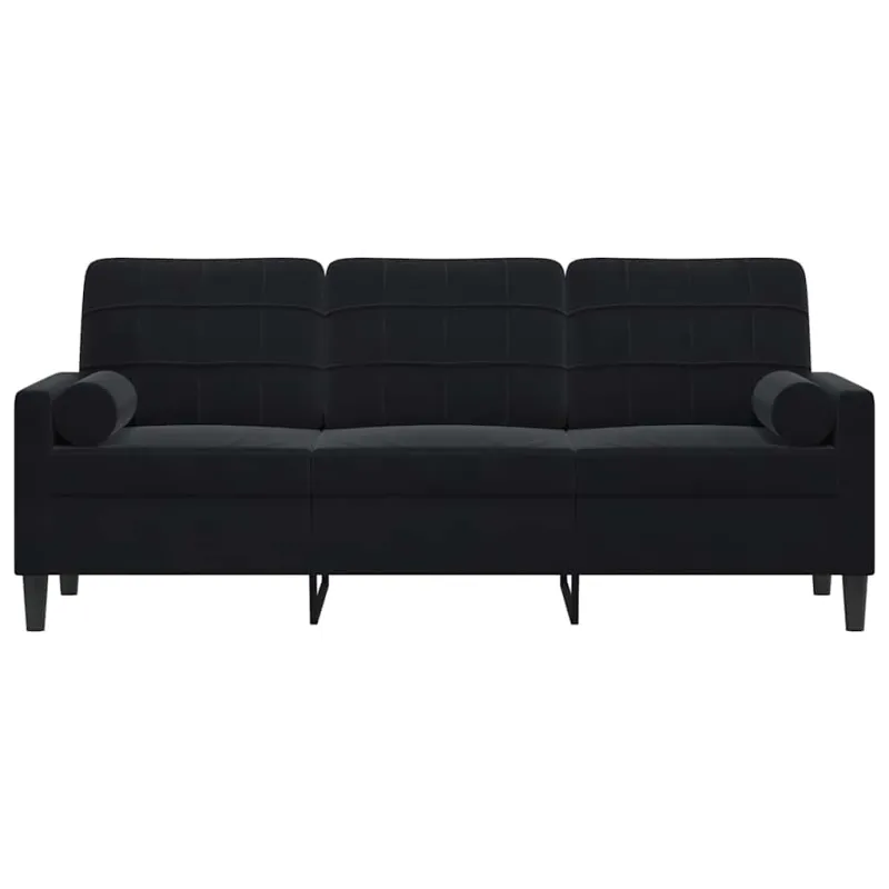 Trivietė sofa su pagalvėlėmis, juodos spalvos, 180cm, aksomas
