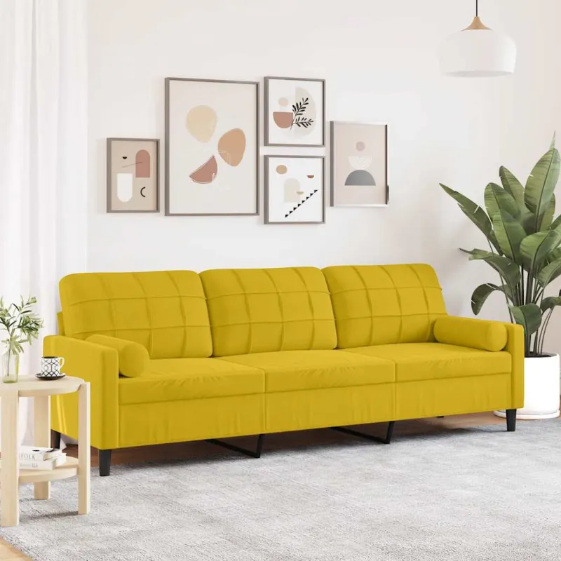 Trivietė sofa su pagalvėlėmis, geltonos spalvos, 210cm, aksomas