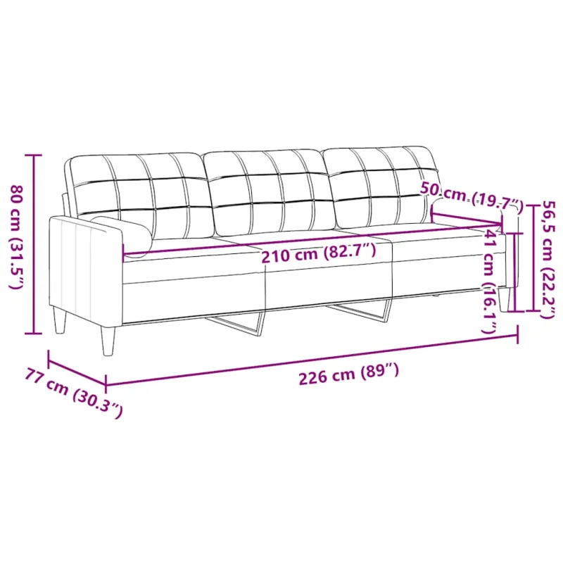 Trivietė sofa su pagalvėlėmis, kreminės spalvos, 210cm, aksomas