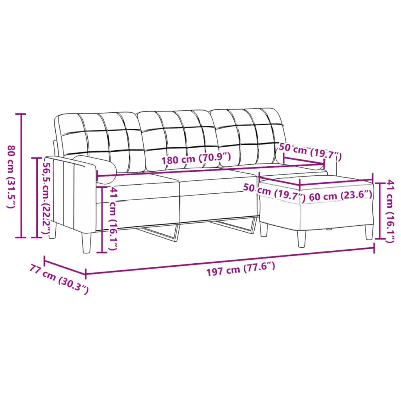 Trivietė sofa su pakoja, šviesiai pilka, 180cm, aksomas