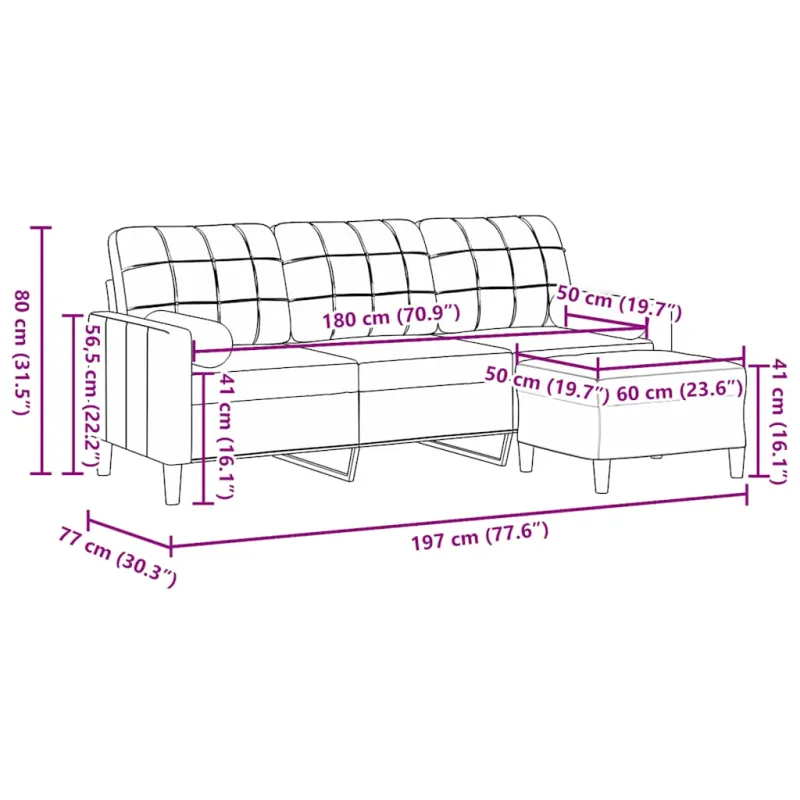 Trivietė sofa su pakoja, juodos spalvos, 180cm, aksomas