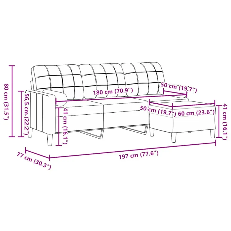 Trivietė sofa su pakoja, kreminės spalvos, 180cm, aksomas