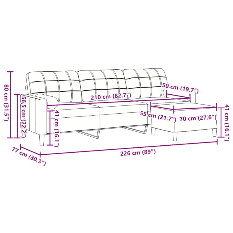 Trivietė sofa su pakoja, juodos spalvos, 210cm, aksomas