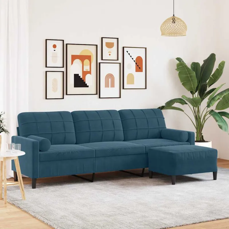 Trivietė sofa su pakoja, mėlynos spalvos, 210cm, aksomas