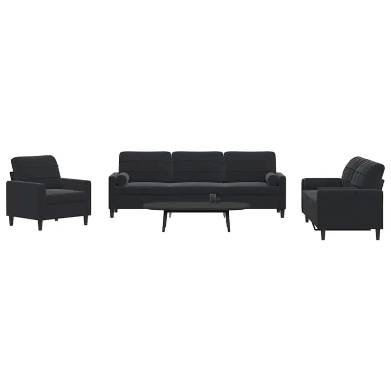 Sofos komplektas su pagalvėlėmis, 3 dalių, juodas, aksomas