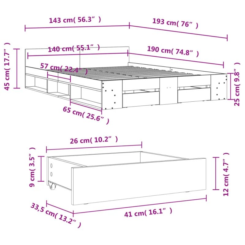 Lovos rėmas su stalčiais, baltas, 140x190cm, apdirbta mediena