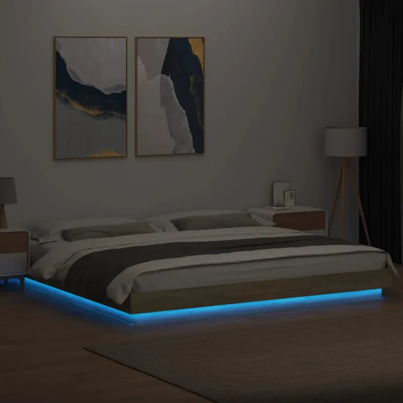 Lovos rėmas su LED, ąžuolo, 200x200cm, apdirbta mediena
