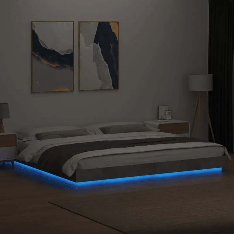 Lovos rėmas su LED, betono pilkas, 180x200cm, apdirbta mediena