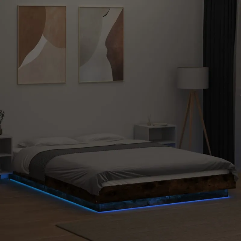 Lovos rėmas su LED, dūminio ąžuolo, 120x200cm, apdirbta mediena