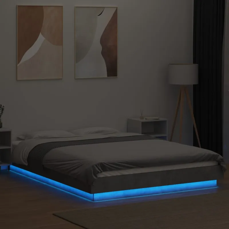 Lovos rėmas su LED, betono pilkas, 140x190cm, apdirbta mediena