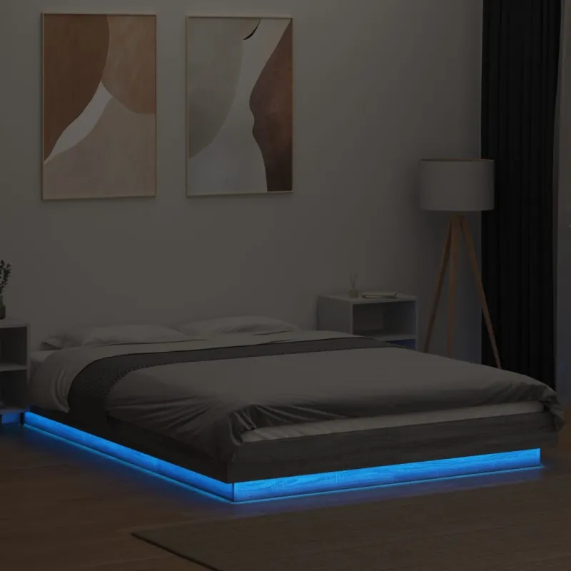 Lovos rėmas su LED, pilkas ąžuolo, 140x190cm, apdirbta mediena