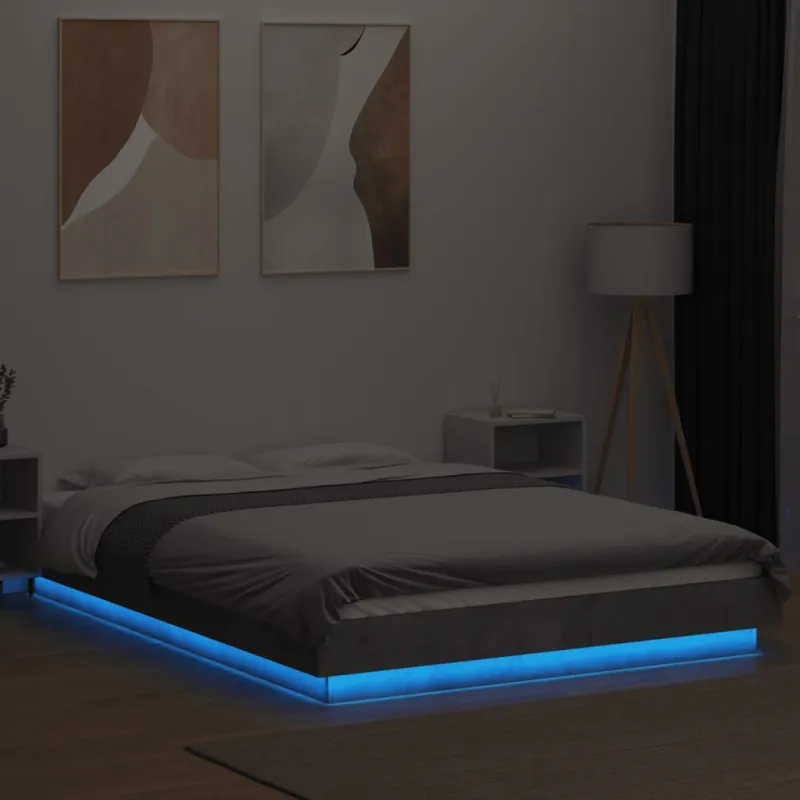 Lovos rėmas su LED, betono pilkas, 135x190cm, apdirbta mediena