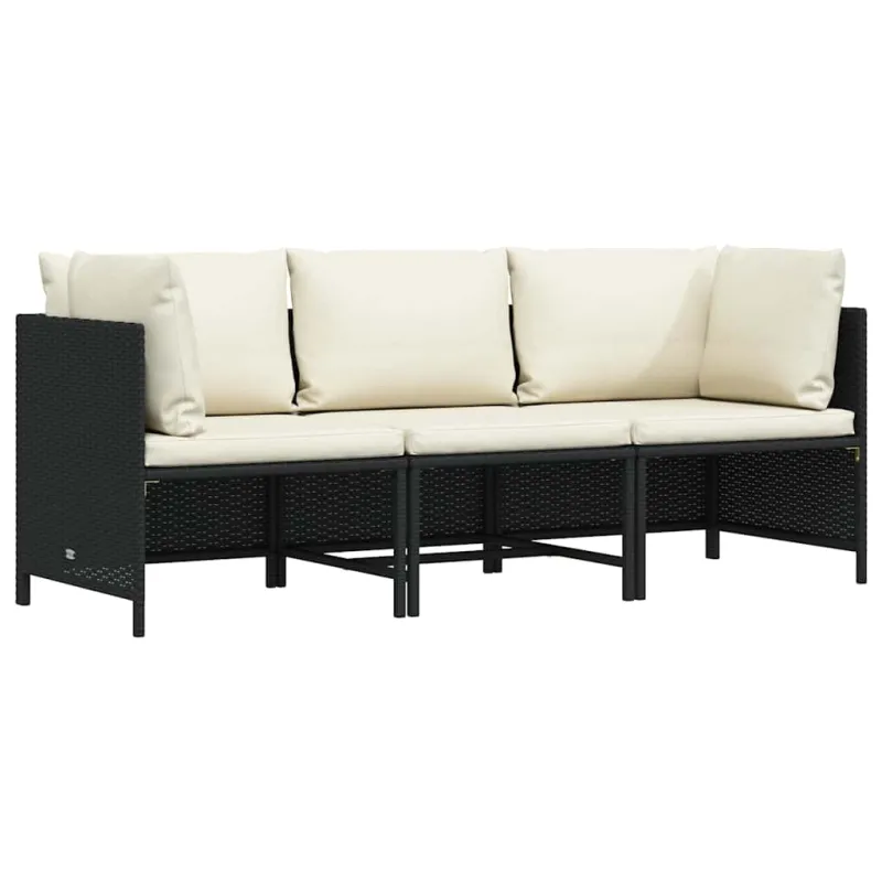 Trivietė sodo sofa su pagalvėlėmis, juodos spalvos, poliratanas