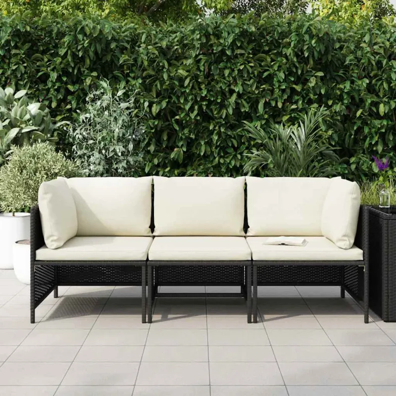 Trivietė sodo sofa su pagalvėlėmis, juodos spalvos, poliratanas