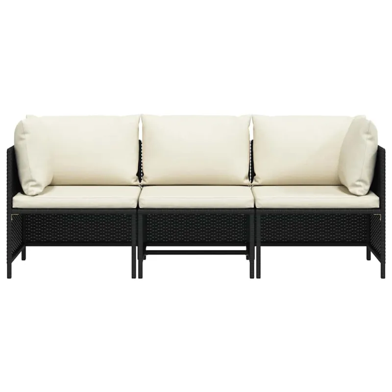 Trivietė sodo sofa su pagalvėlėmis, juodos spalvos, poliratanas