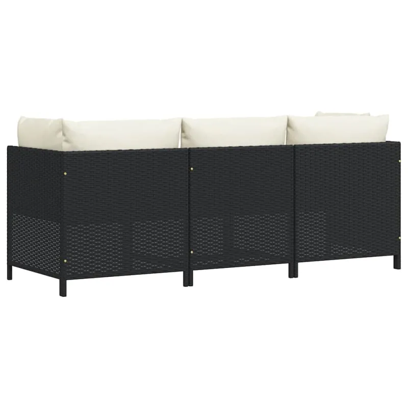 Trivietė sodo sofa su pagalvėlėmis, juodos spalvos, poliratanas