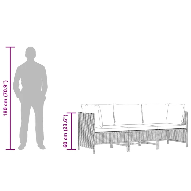 Trivietė sodo sofa su pagalvėlėmis, juodos spalvos, poliratanas