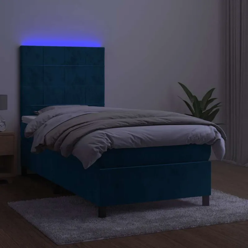 Lova su spyruoklėmis/čiužiniu/LED, mėlyna, 80x200cm, aksomas