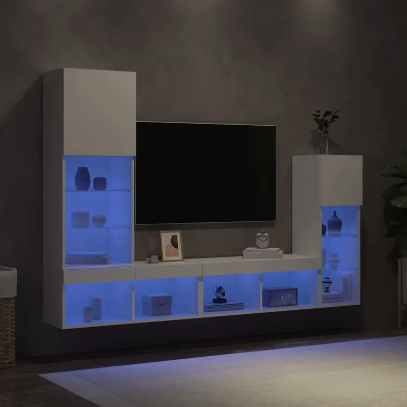 Sieninė TV sekcija su LED, 4 dalių, balta, apdirbta mediena