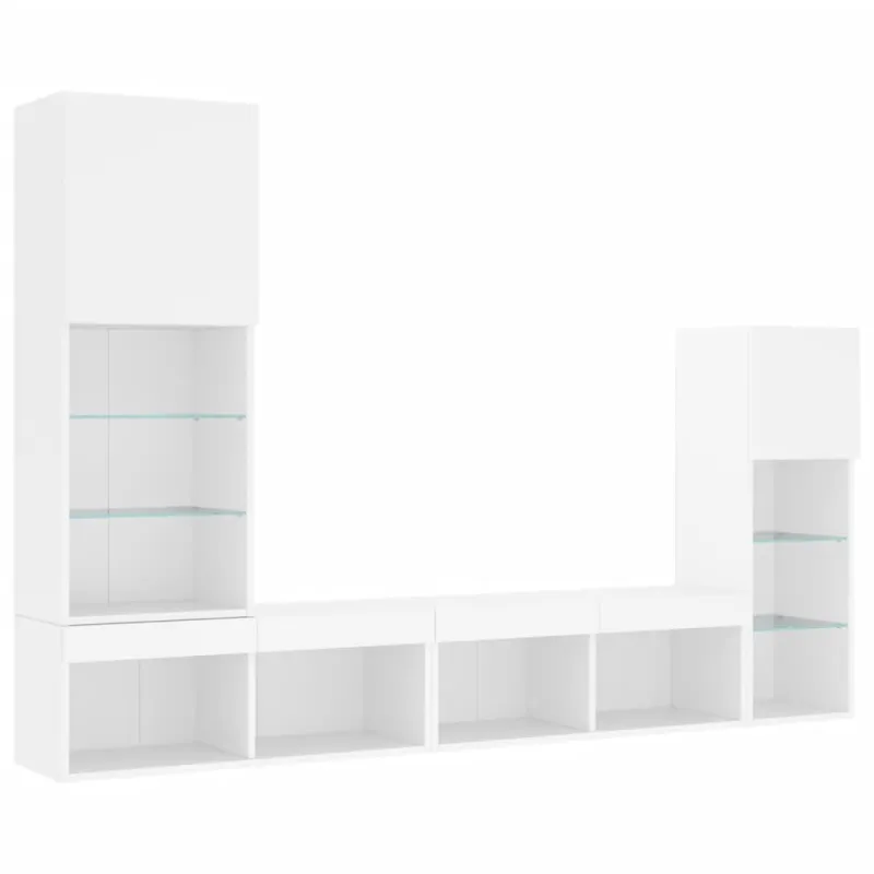 Sieninė TV sekcija su LED, 4 dalių, balta, apdirbta mediena