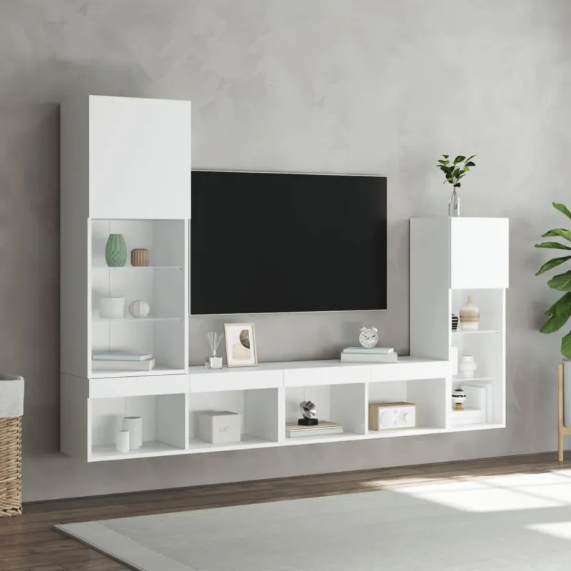 Sieninė TV sekcija su LED, 4 dalių, balta, apdirbta mediena