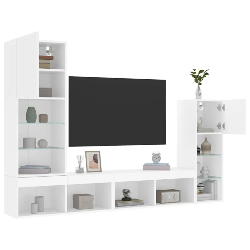 Sieninė TV sekcija su LED, 4 dalių, balta, apdirbta mediena