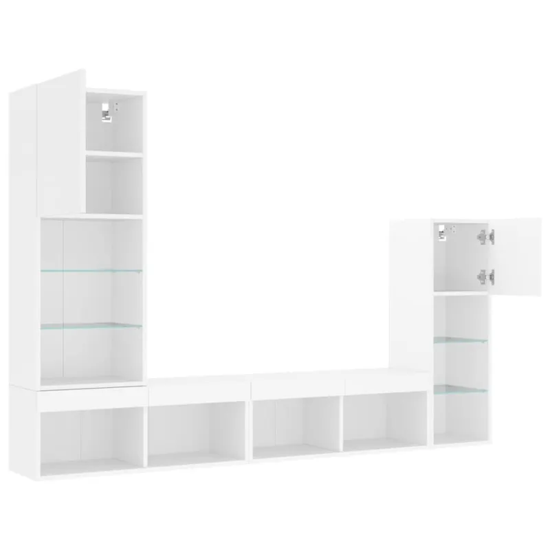 Sieninė TV sekcija su LED, 4 dalių, balta, apdirbta mediena