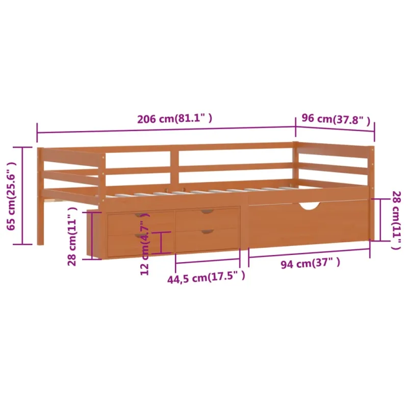 Lovos rėmas su stalčiais ir spintele, rudas, 90x200cm, pušis