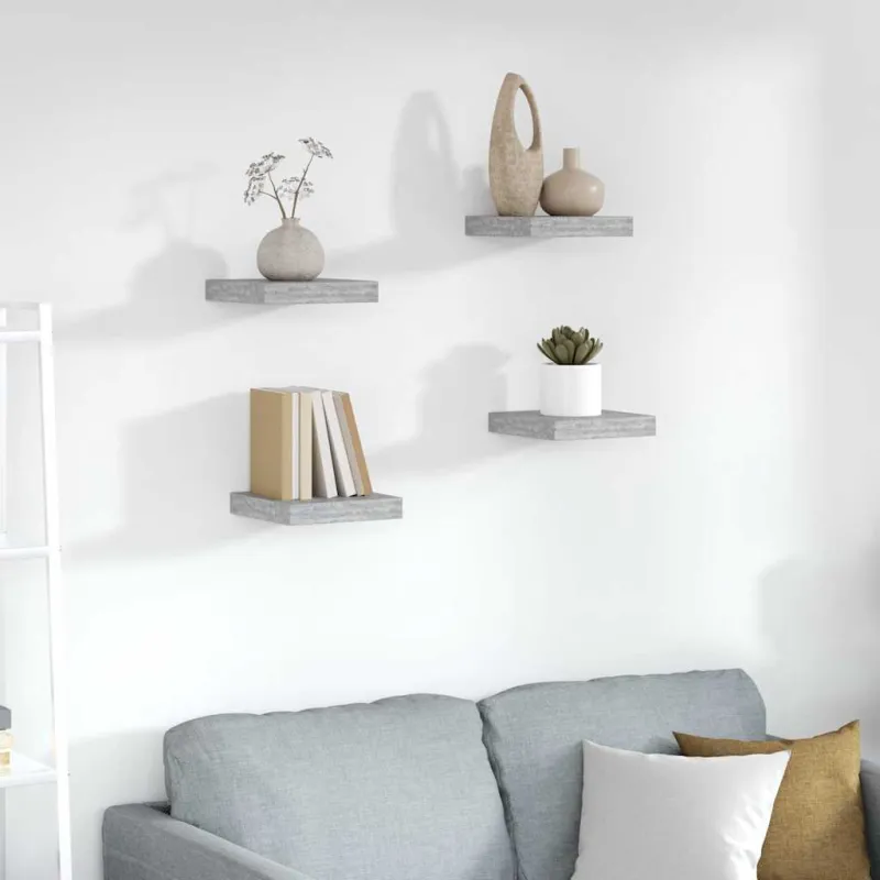 Pakabinamos lentynos, 4vnt., betono pilkos, 23x23,5x3,8cm, MDF