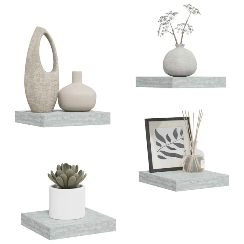 Pakabinamos lentynos, 4vnt., betono pilkos, 23x23,5x3,8cm, MDF