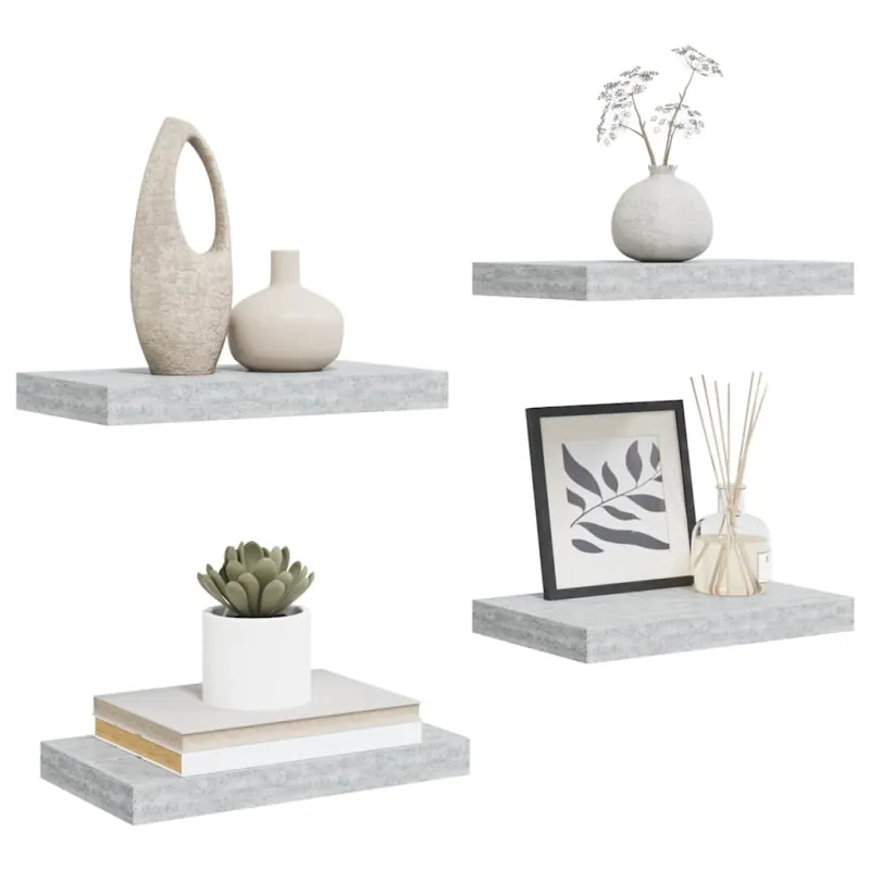 Pakabinamos sieninės lentynos, 4vnt., pilkos, 40x23x3,8cm, MDF