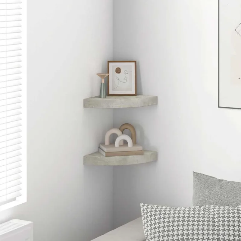 Sieninės kampinės lentynos, 2vnt., pilkos, 25x25x3,8cm, MDF