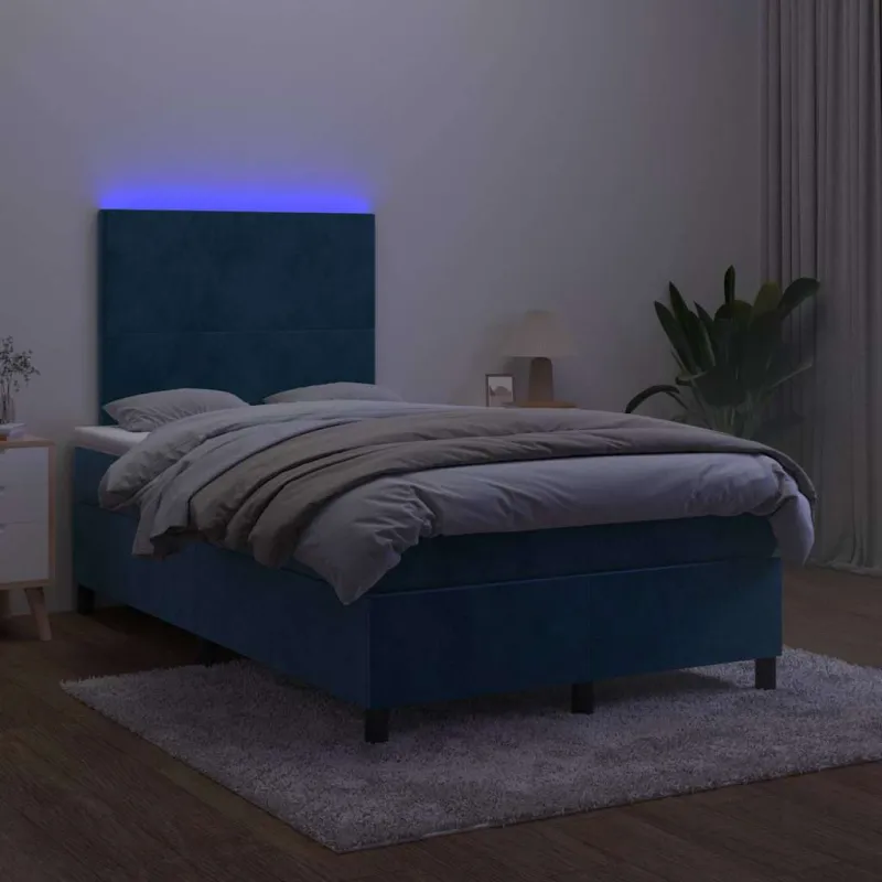 Lova su spyruoklėmis/čiužiniu/LED, mėlyna, 120x190cm, aksomas