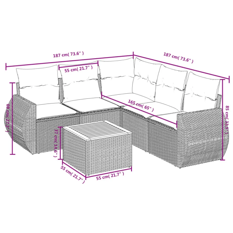 Sofos komplekti, 6 osaa, juoda, polyratasta, tyynyillä