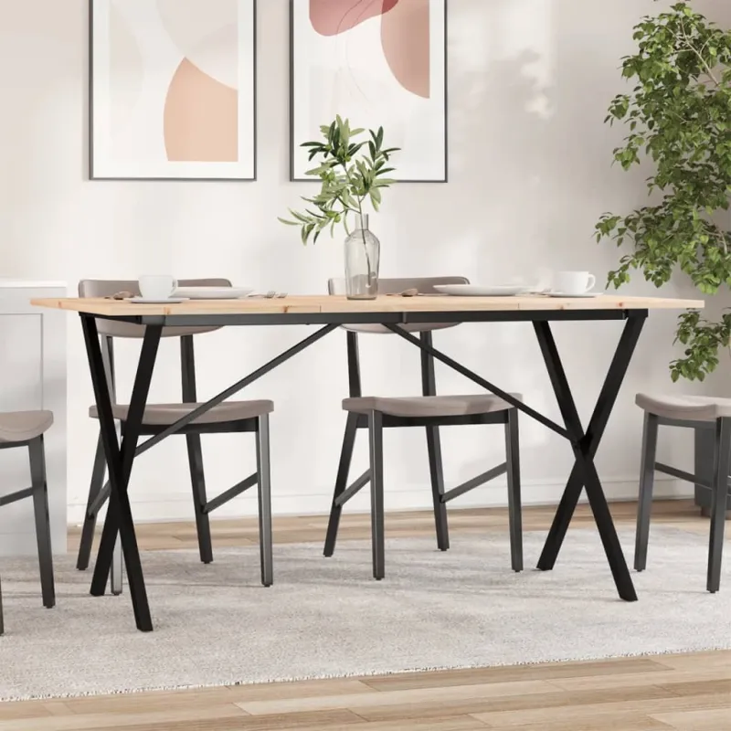 Valgomojo stalas, 140x80x75cm, pušis ir plieninis, X formos rėmas