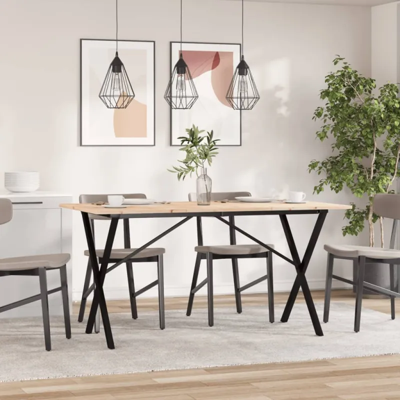Valgomojo stalas, 140x80x75cm, pušis ir plieninis, X formos rėmas