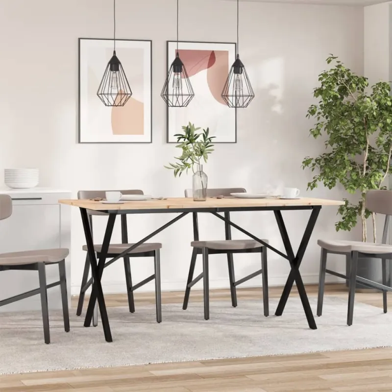 Valgomojo stalas, 160x80x75cm, pušis ir plieninis, X formos rėmas