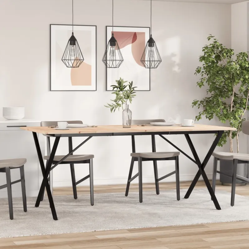Valgomojo stalas, 180x90x75cm, pušis ir plieninis, X formos rėmas