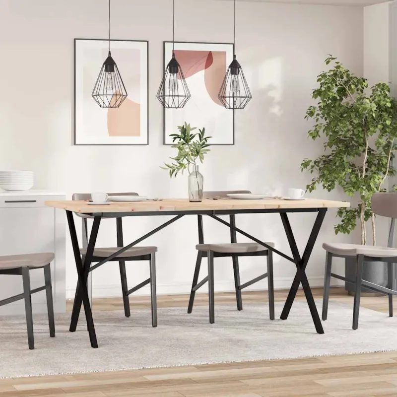 Valgomojo stalas, 140x80x75,5cm, pušis ir plieninis, X formos rėmas