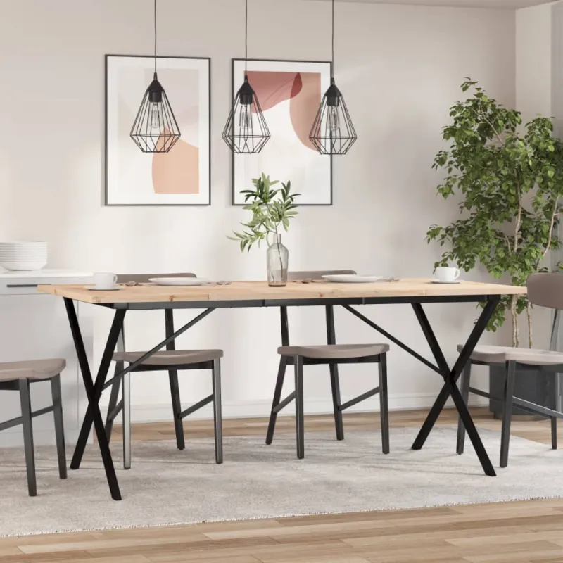 Valgomojo stalas, 180x90x75,5cm, pušis ir plieninis, X formos rėmas