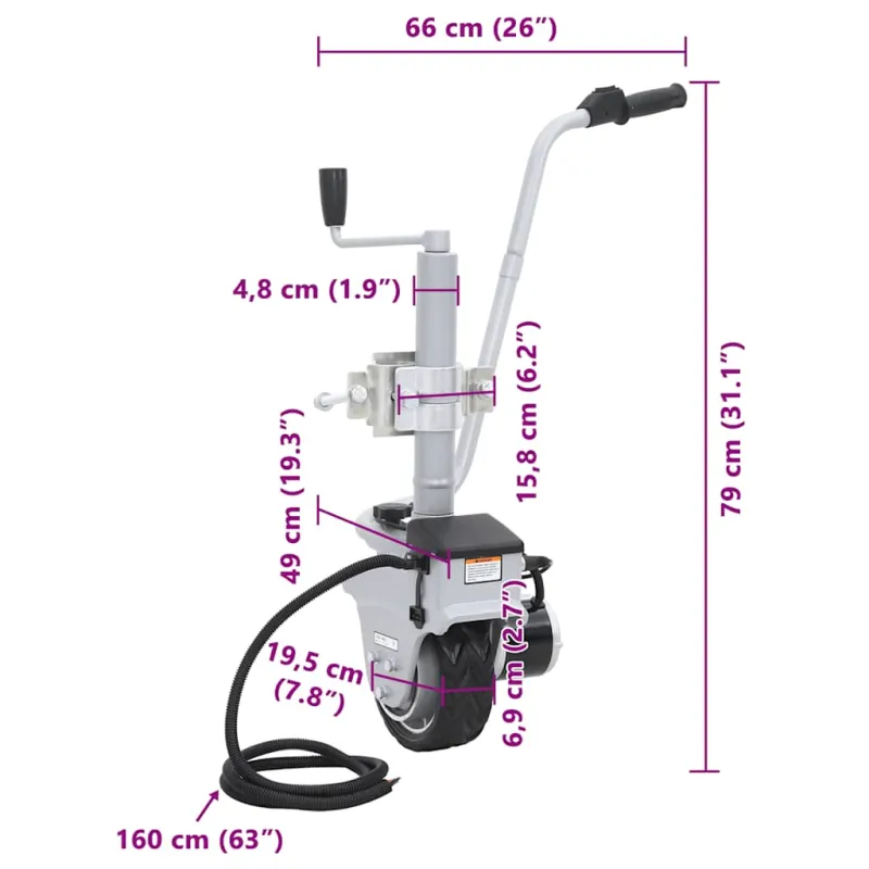 Atraminis ratukas su varikliu priekabai, aliuminis, 12V, 350W