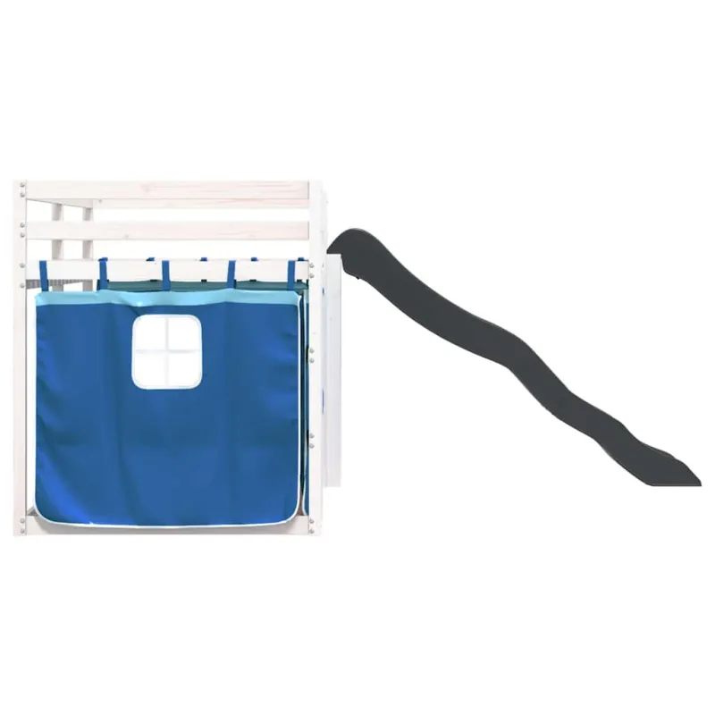Dviaukštė lova su užuolaidomis ir čiuožykla, mėlyna, 90x190cm