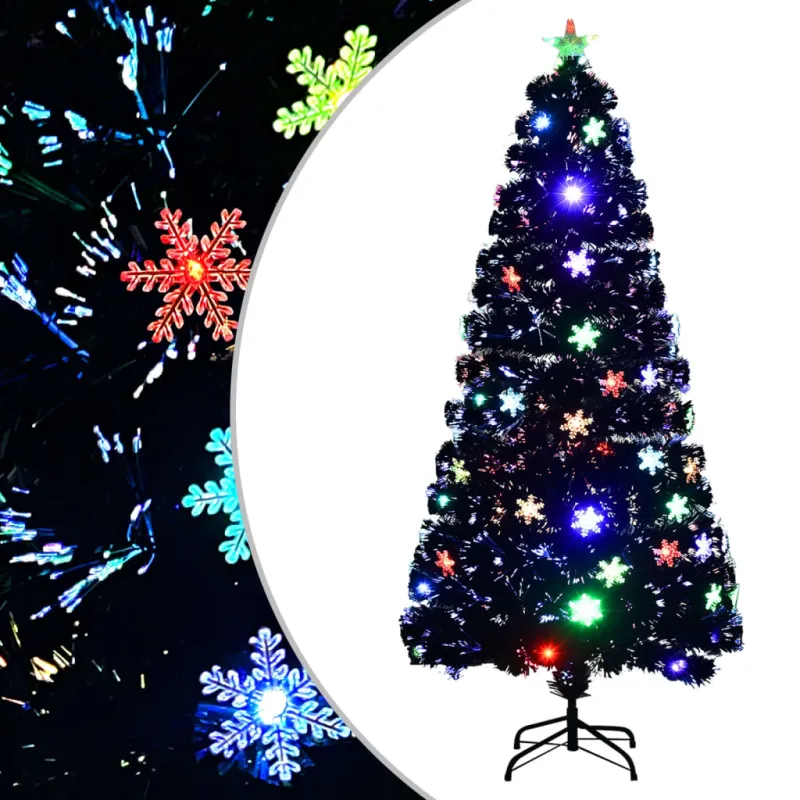 Kalėdų eglutė su LED snaigėmis, juoda, 150cm, optinis pluoštas