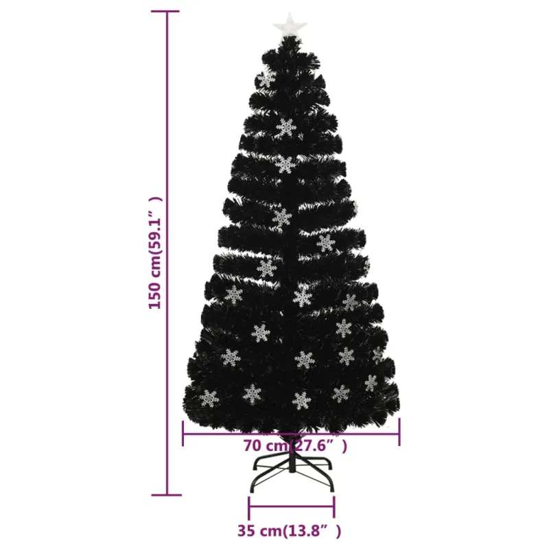 Kalėdų eglutė su LED snaigėmis, juoda, 150cm, optinis pluoštas
